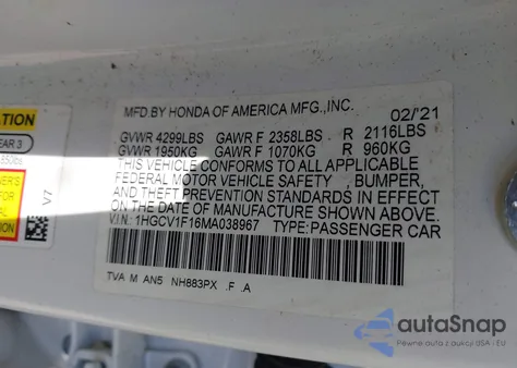 2021 Honda Accord Lx from USA, damaged, VIN 1HGCV1F16MA038967